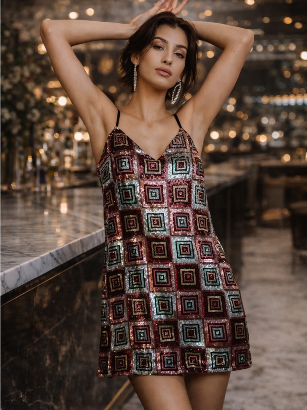 ZARA Sequin Mini Dress Multicolor Geometric Slip Dress XS Relaxed Fit Party